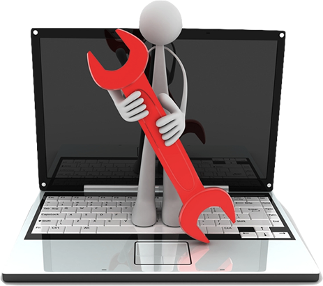 image of a laptop computer and a faceless, cartoon-like figure holding a red wrench